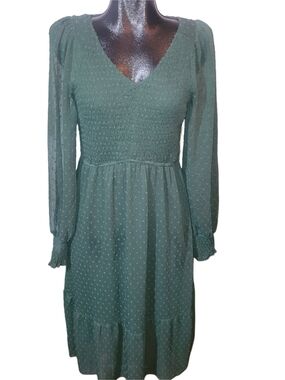 PrettyGarden Forest Green Smocked V-Neck Long Sleeve Boho Midi Dress Size L